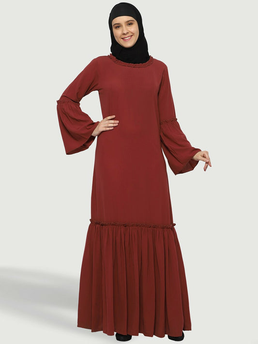 Maroon Solid Abaya Burqa for Women – Modest Islamic Wear with Flared Sleeves & Slip-On Closure