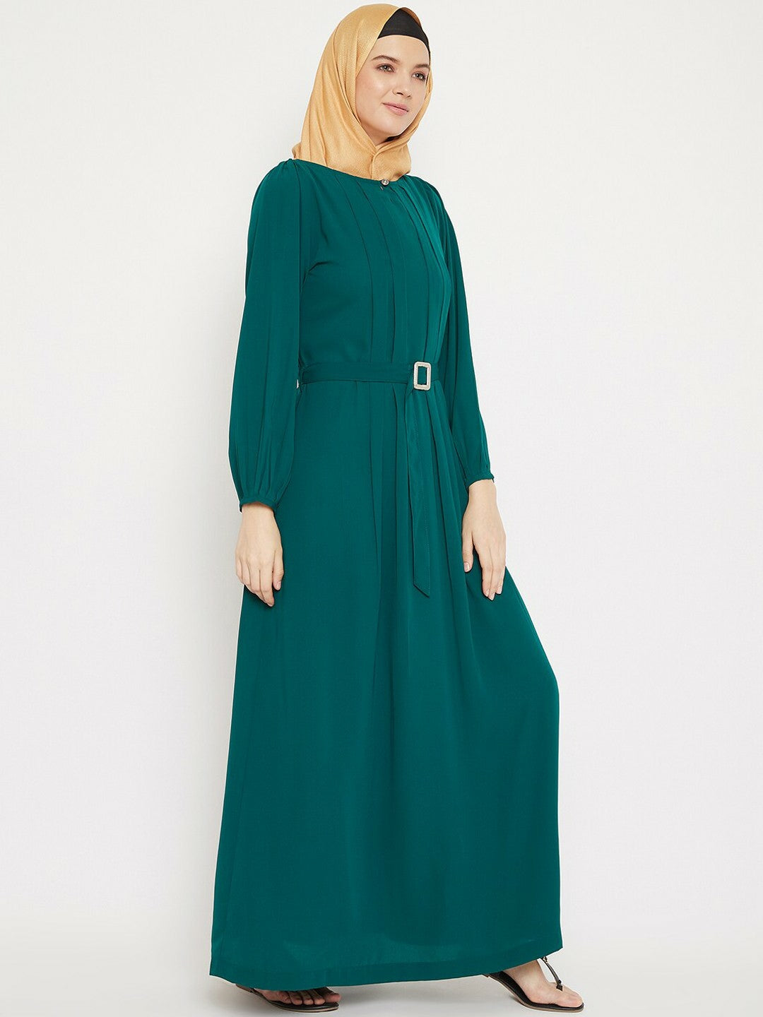 Teal Green Solid Abaya Burqa for Women – Modest Islamic Wear with Belt | Indiaista