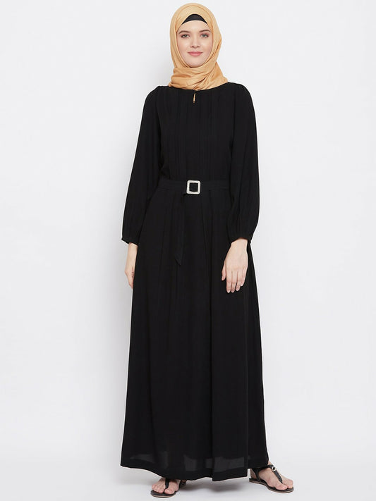 Black Solid Abaya with Pleated Detail & Belt – Modest Islamic Wear for Women