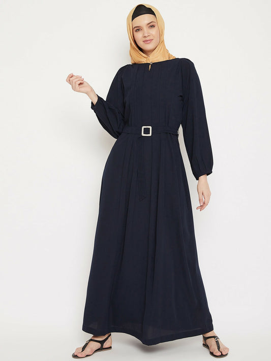 Women’s Navy Blue Solid Abaya with Belt – Modest Islamic Dress | Indiaista