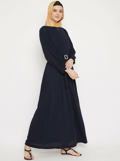Women’s Navy Blue Solid Abaya with Belt – Modest Islamic Dress | Indiaista
