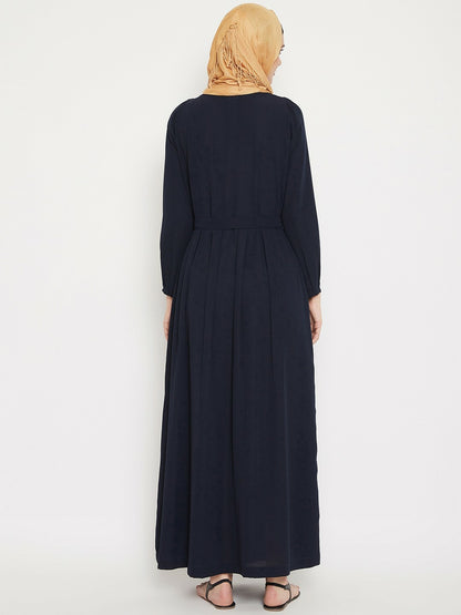 Women’s Navy Blue Solid Abaya with Belt – Modest Islamic Dress | Indiaista