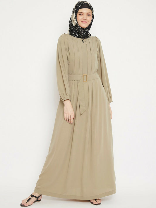 Elegant Beige Solid Abaya with Waist Belt – Modest Islamic Wear | Indiaista