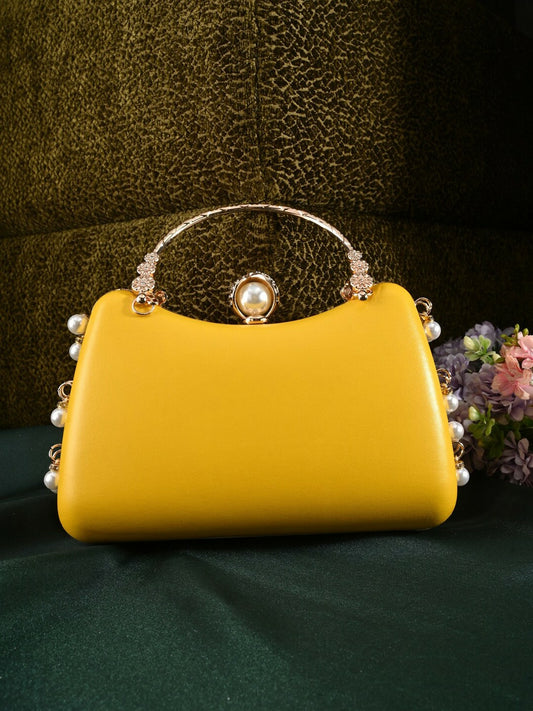 Yellow & Gold Embellished Box Clutch with Shoulder Strap
