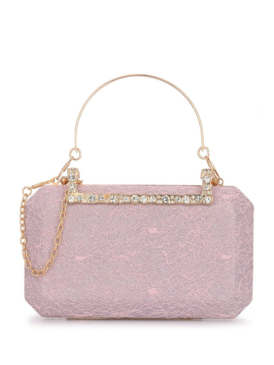 Pink & Gold Embellished Box Clutch with Handle & Shoulder Strap
