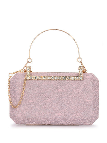 Pink & Gold Embellished Box Clutch with Handle & Shoulder Strap