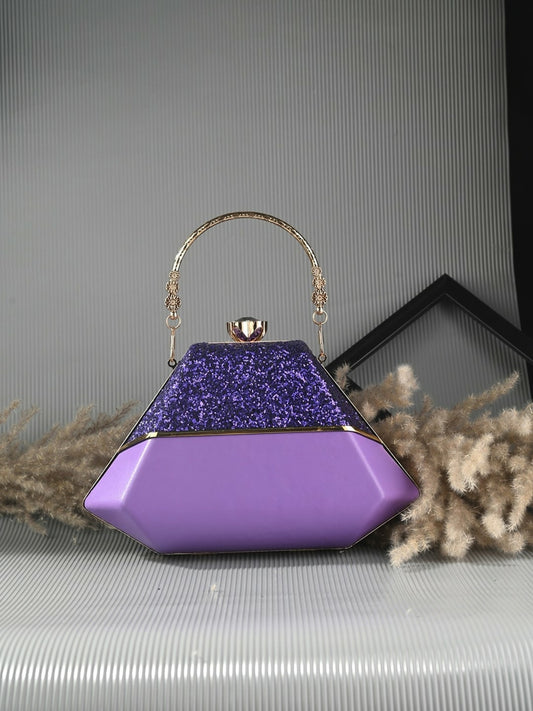 Purple & Gold Embellished Box Clutch with Handle & Strap