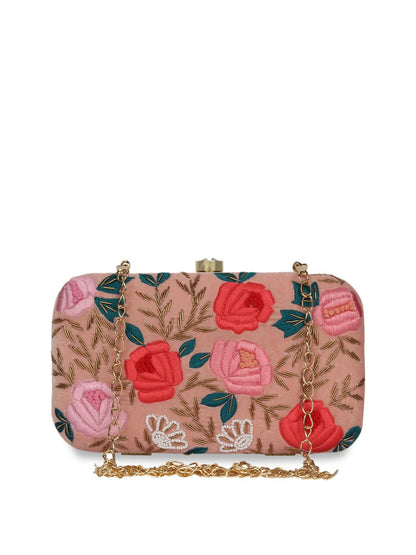 Women’s Peach & Red Embroidered Clutch – Elegant Ethnic Handbag with Shoulder Strap