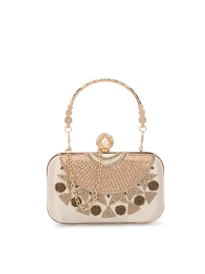 Gold Embellished Box Clutch with Shoulder Strap