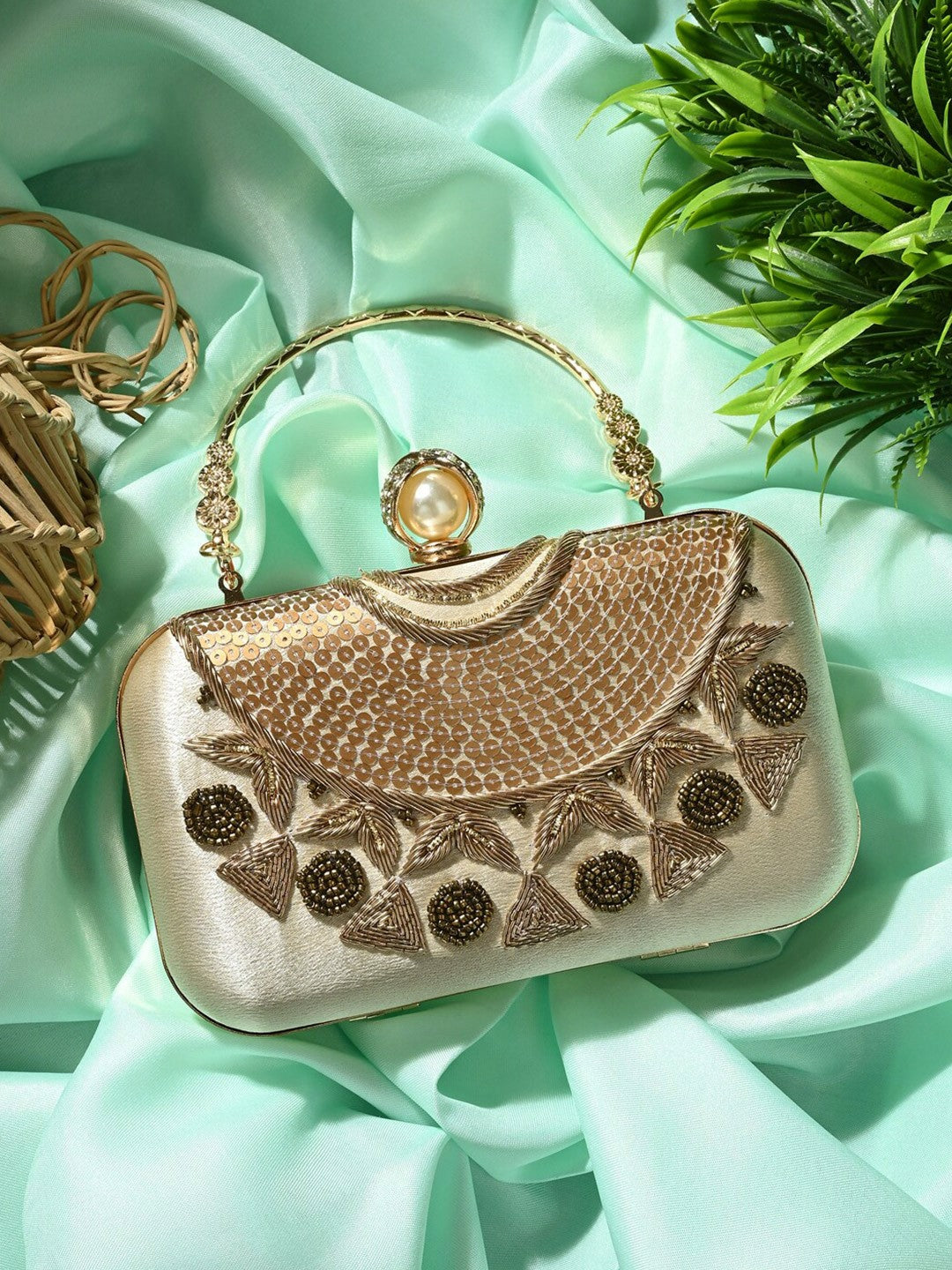 Gold Embellished Box Clutch with Shoulder Strap