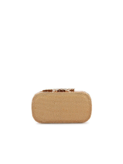 Gold-Toned & White Embellished Box Clutch with Shoulder Strap