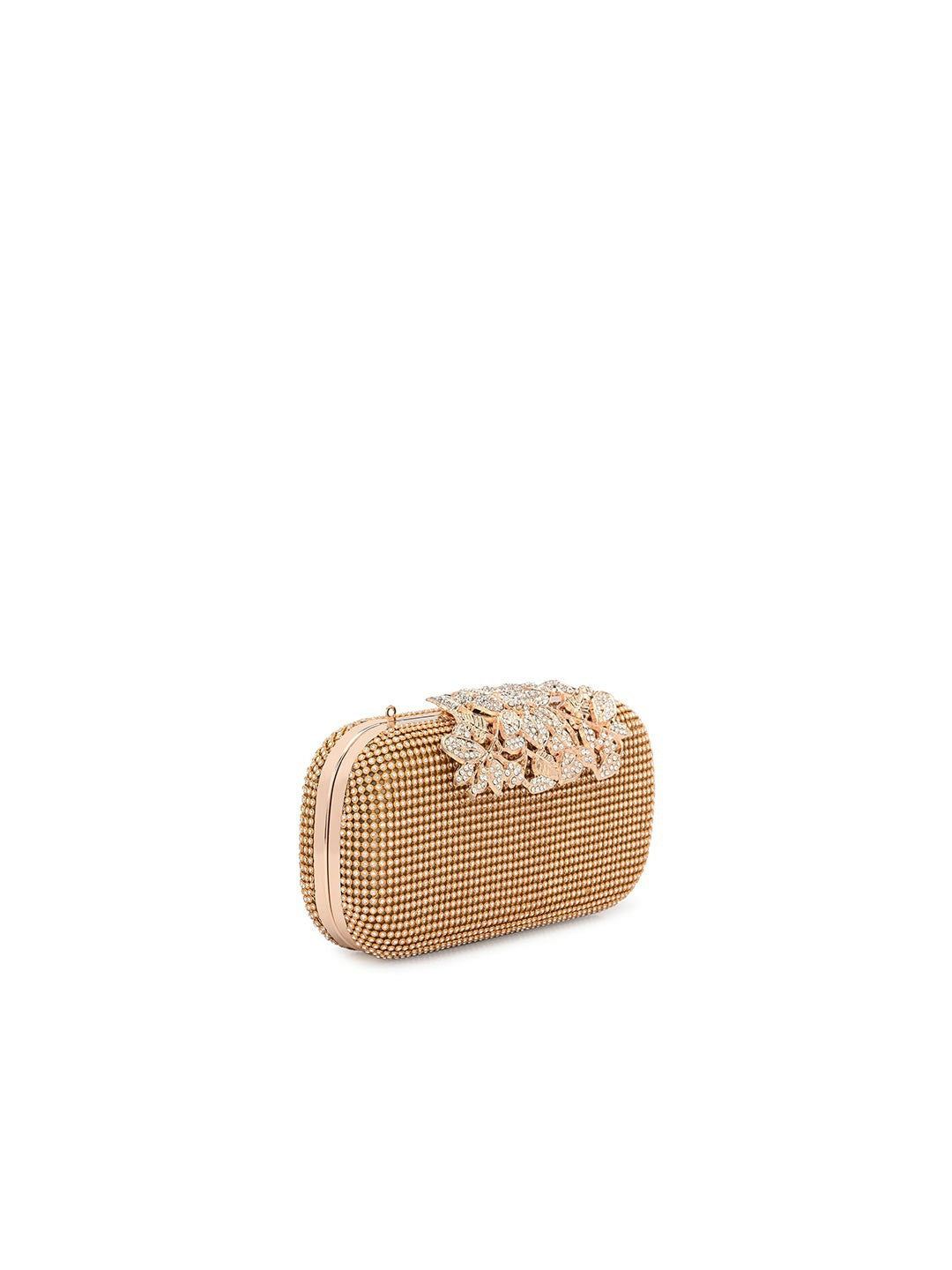 Gold-Toned & White Embellished Box Clutch with Shoulder Strap