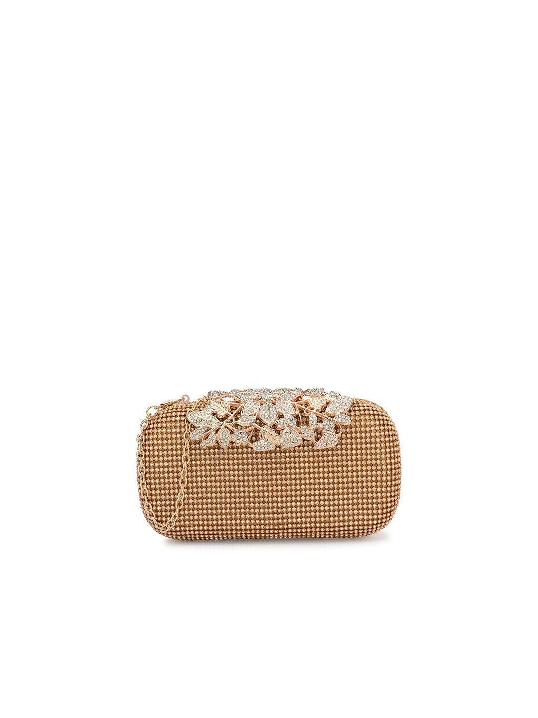 Gold-Toned & White Embellished Box Clutch with Shoulder Strap
