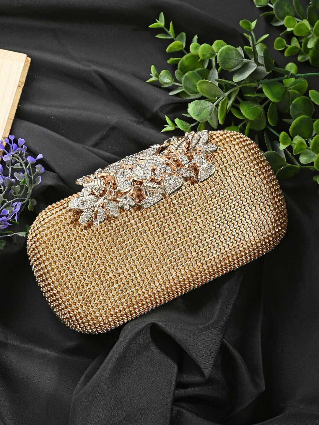 Gold-Toned & White Embellished Box Clutch with Shoulder Strap