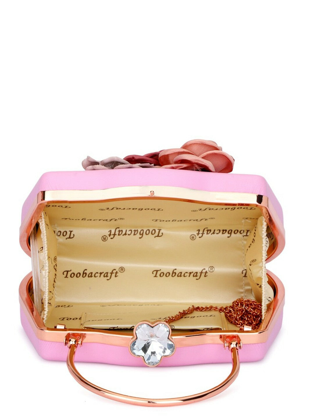 Floral Embellished Pink & Grey Box Clutch with Strap