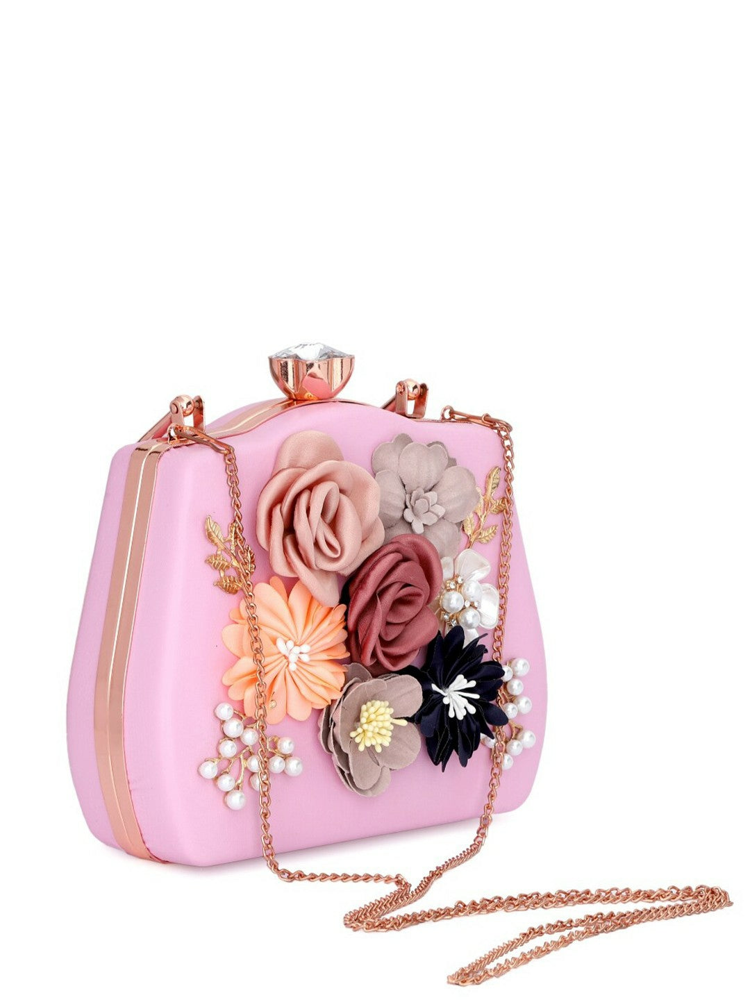 Floral Embellished Pink & Grey Box Clutch with Strap