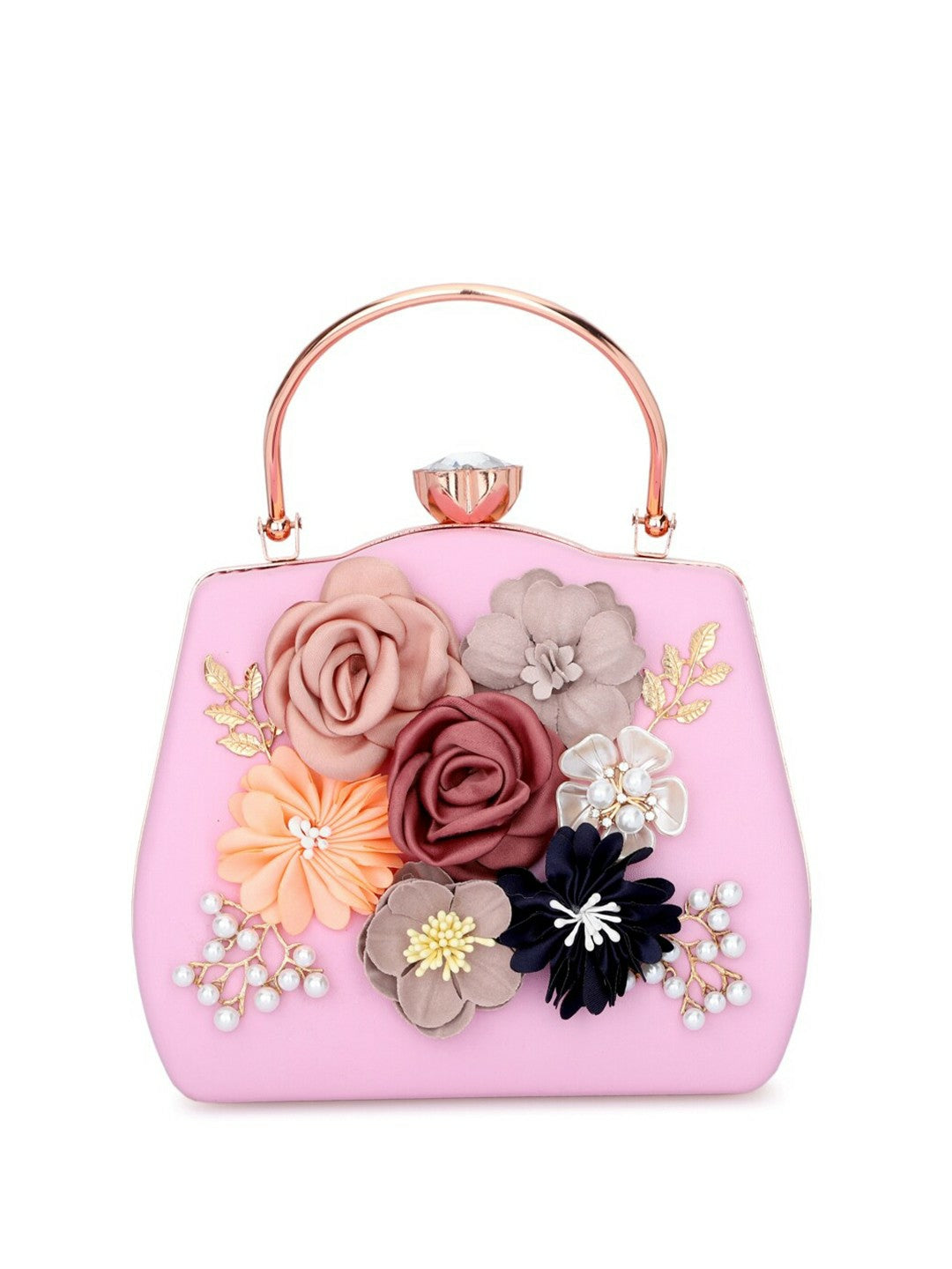 Floral Embellished Pink & Grey Box Clutch with Strap