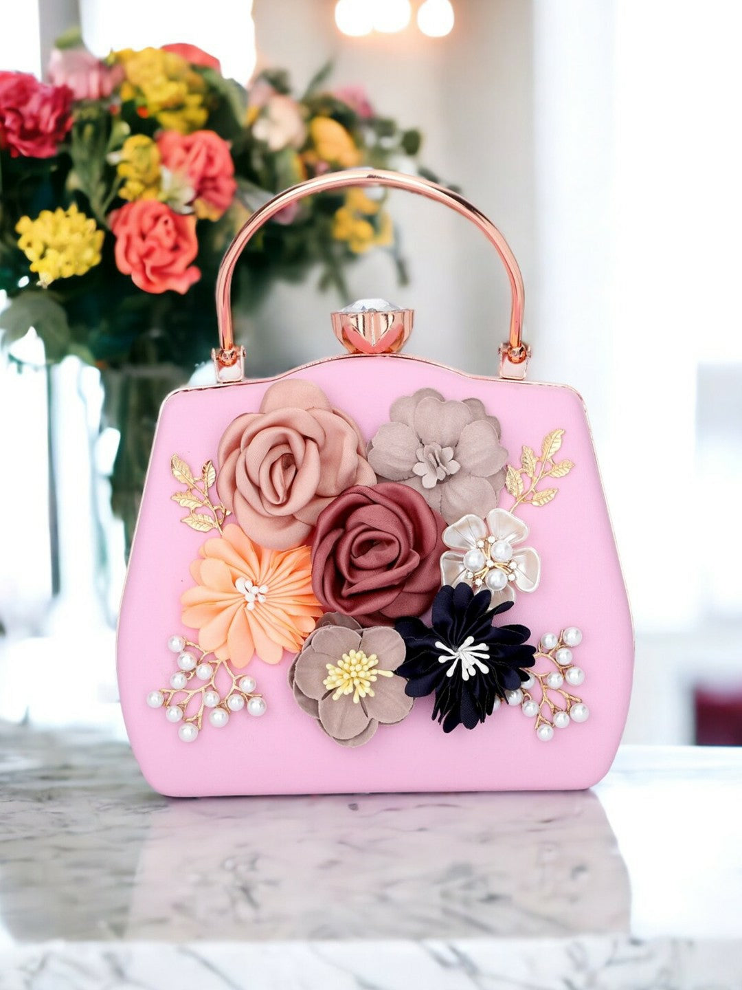 Floral Embellished Pink & Grey Box Clutch with Strap
