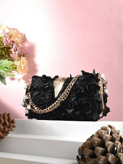 Embellished Black Box Clutch with Wrist Loop