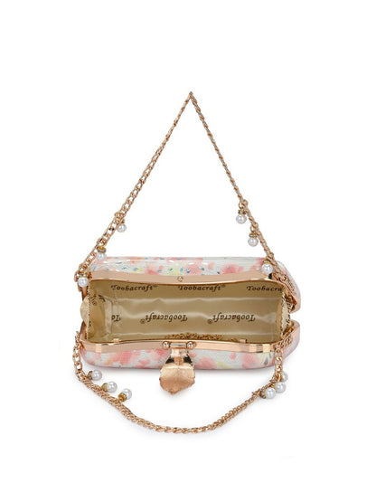 White & Pink Embellished Box Clutch with Wrist Loop
