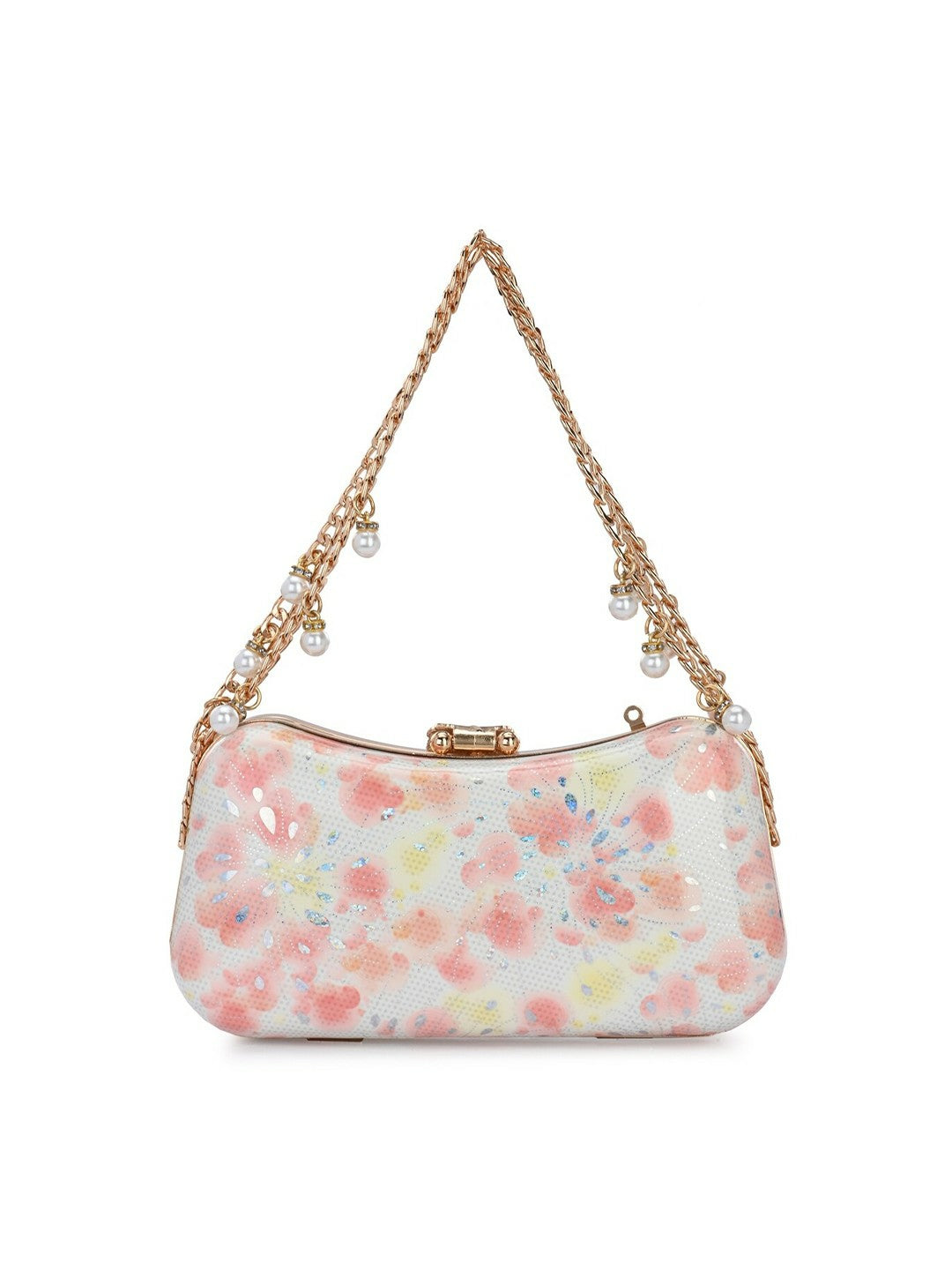 White & Pink Embellished Box Clutch with Wrist Loop