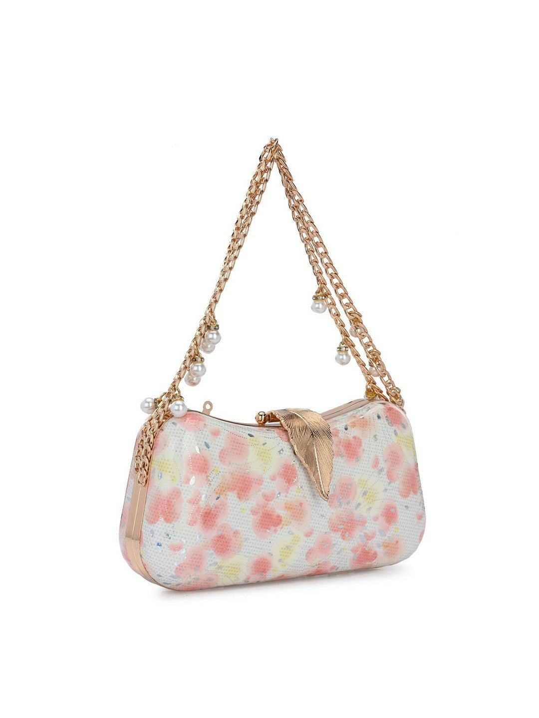 White & Pink Embellished Box Clutch with Wrist Loop