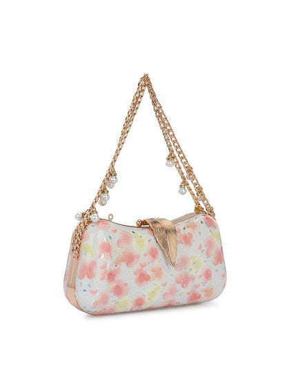 White & Pink Embellished Box Clutch with Wrist Loop