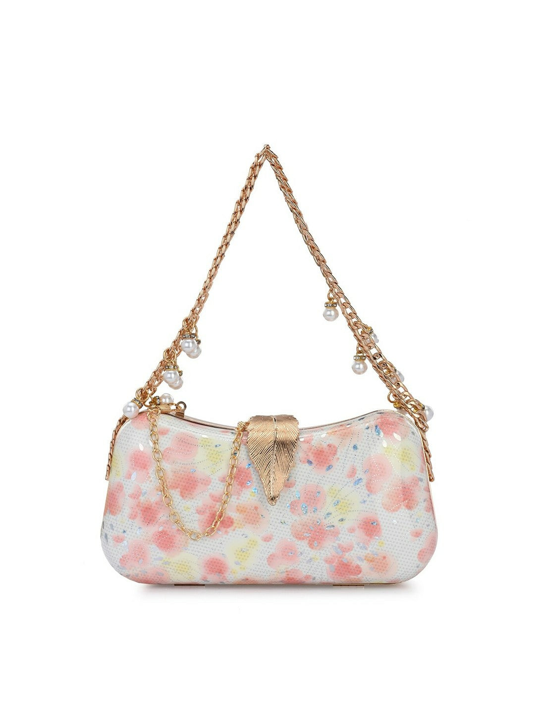 White & Pink Embellished Box Clutch with Wrist Loop