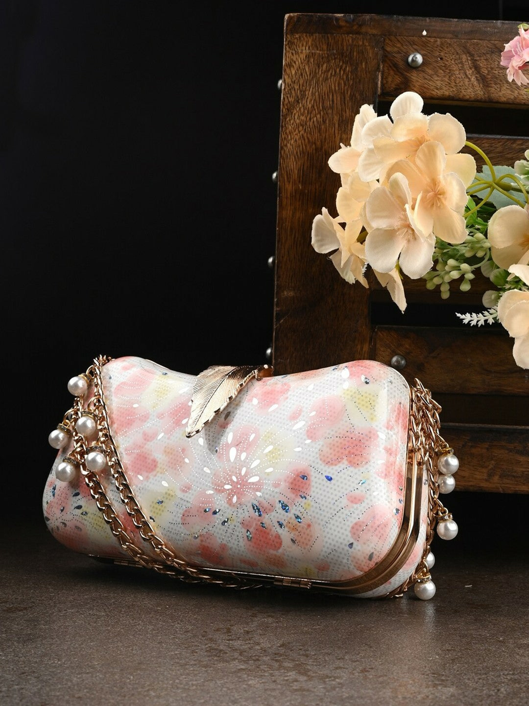 White & Pink Embellished Box Clutch with Wrist Loop