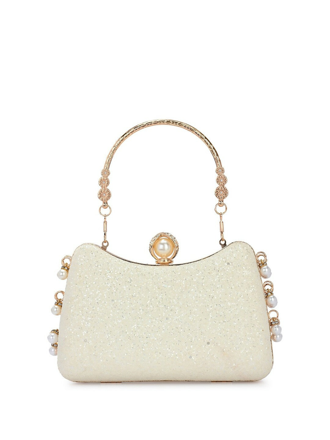 White & Black Embellished Box Clutch with Wrist Loop