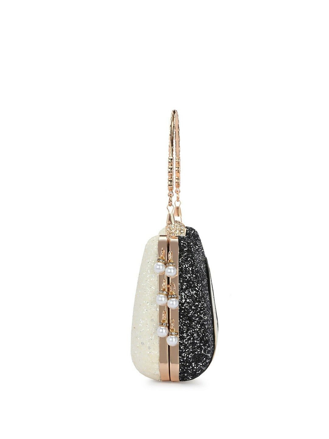 White & Black Embellished Box Clutch with Wrist Loop