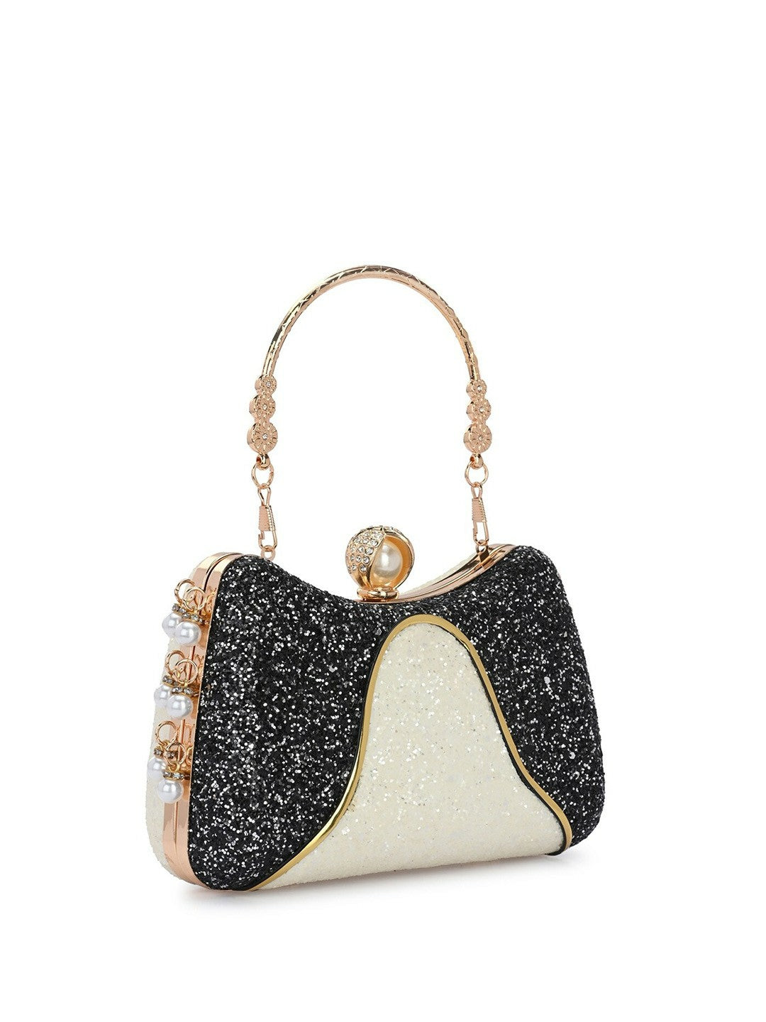 White & Black Embellished Box Clutch with Wrist Loop