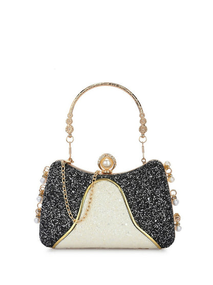 White & Black Embellished Box Clutch with Wrist Loop