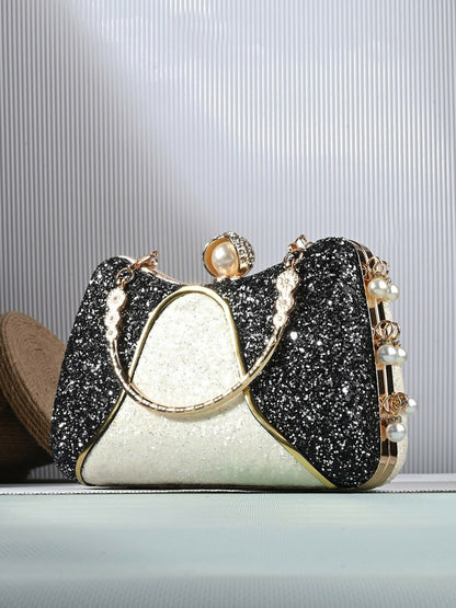 White & Black Embellished Box Clutch with Wrist Loop