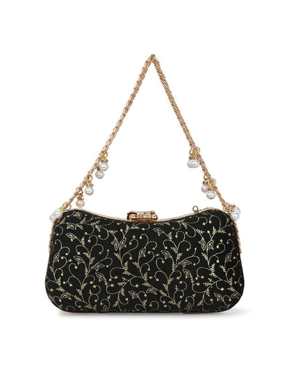 Black Embellished Box Clutch with Wrist Loop & Button Closure