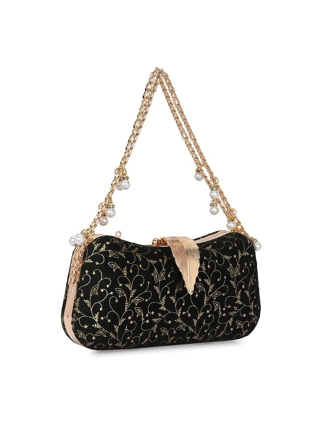 Black Embellished Box Clutch with Wrist Loop & Button Closure