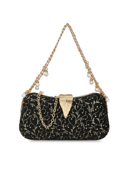 Black Embellished Box Clutch with Wrist Loop & Button Closure