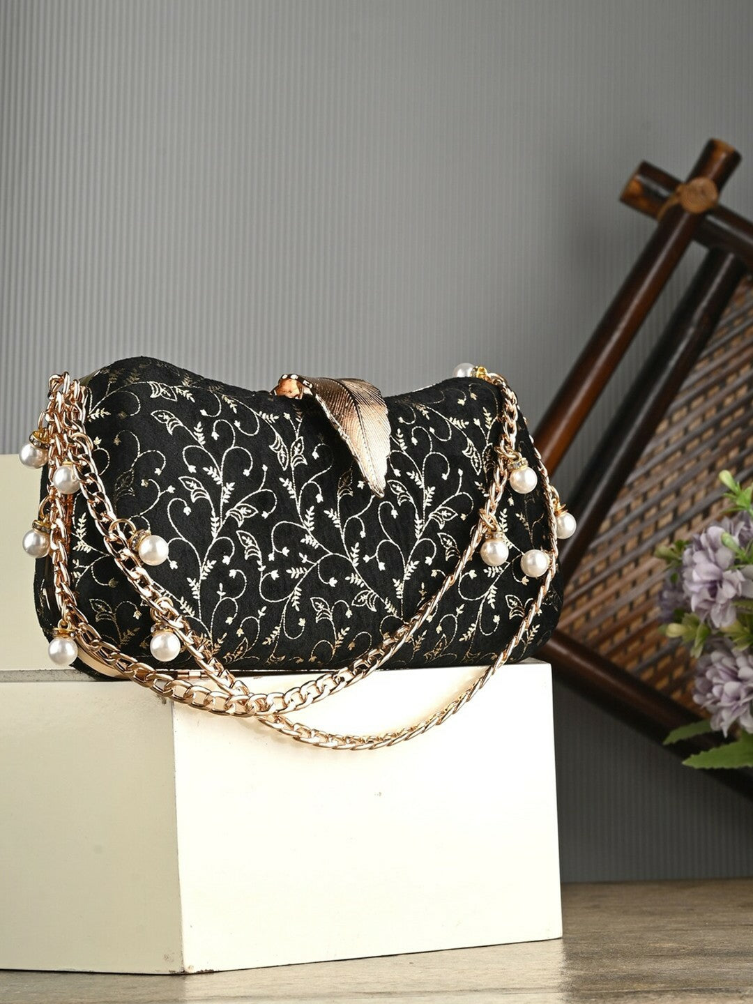 Black Embellished Box Clutch with Wrist Loop & Button Closure