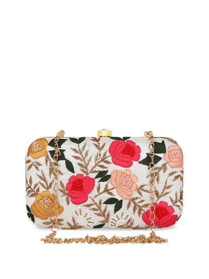 Women’s White & Pink Embroidered Box Clutch – Elegant Evening & Party Handbag