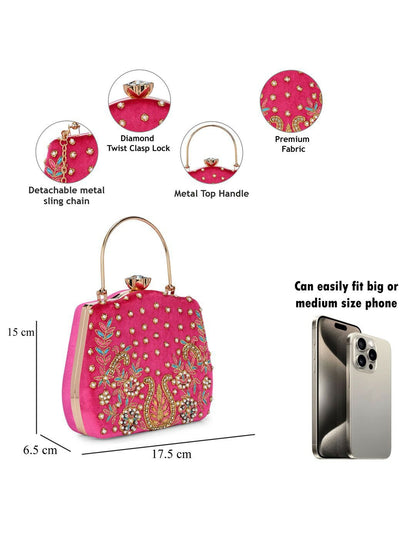 Magenta Embellished Box Clutch with Shoulder Strap