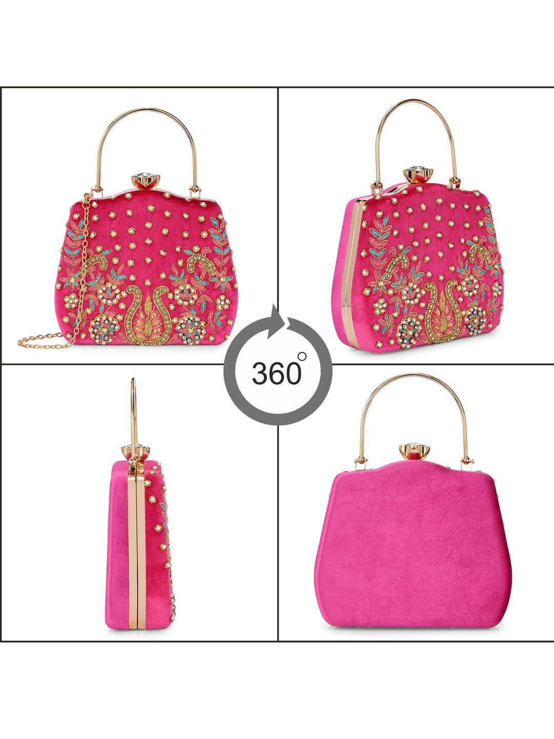 Magenta Embellished Box Clutch with Shoulder Strap