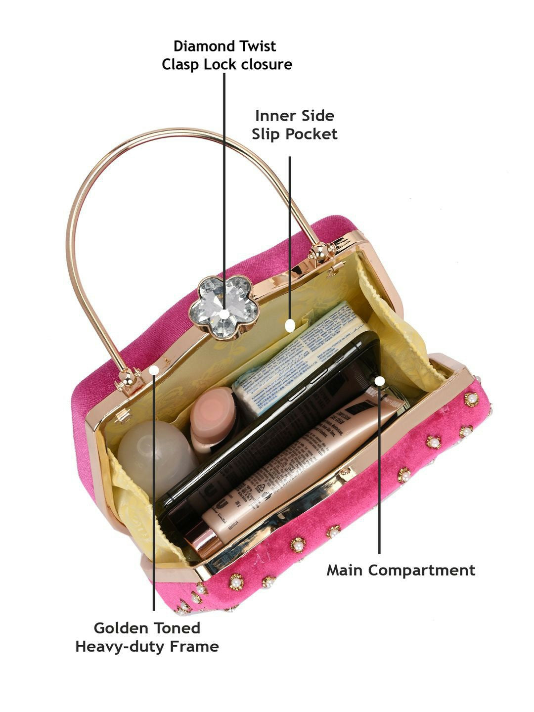 Magenta Embellished Box Clutch with Shoulder Strap