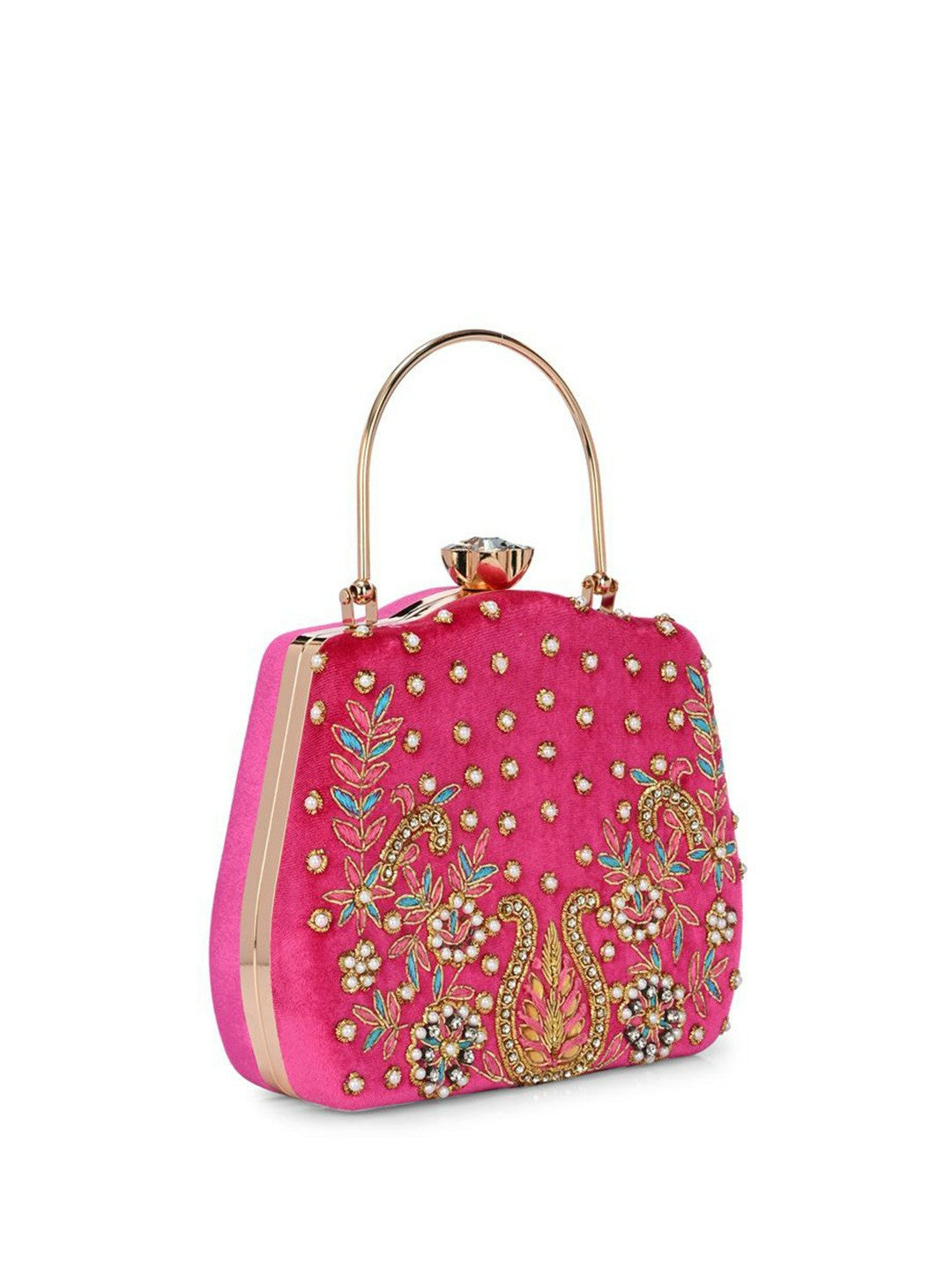 Magenta Embellished Box Clutch with Shoulder Strap