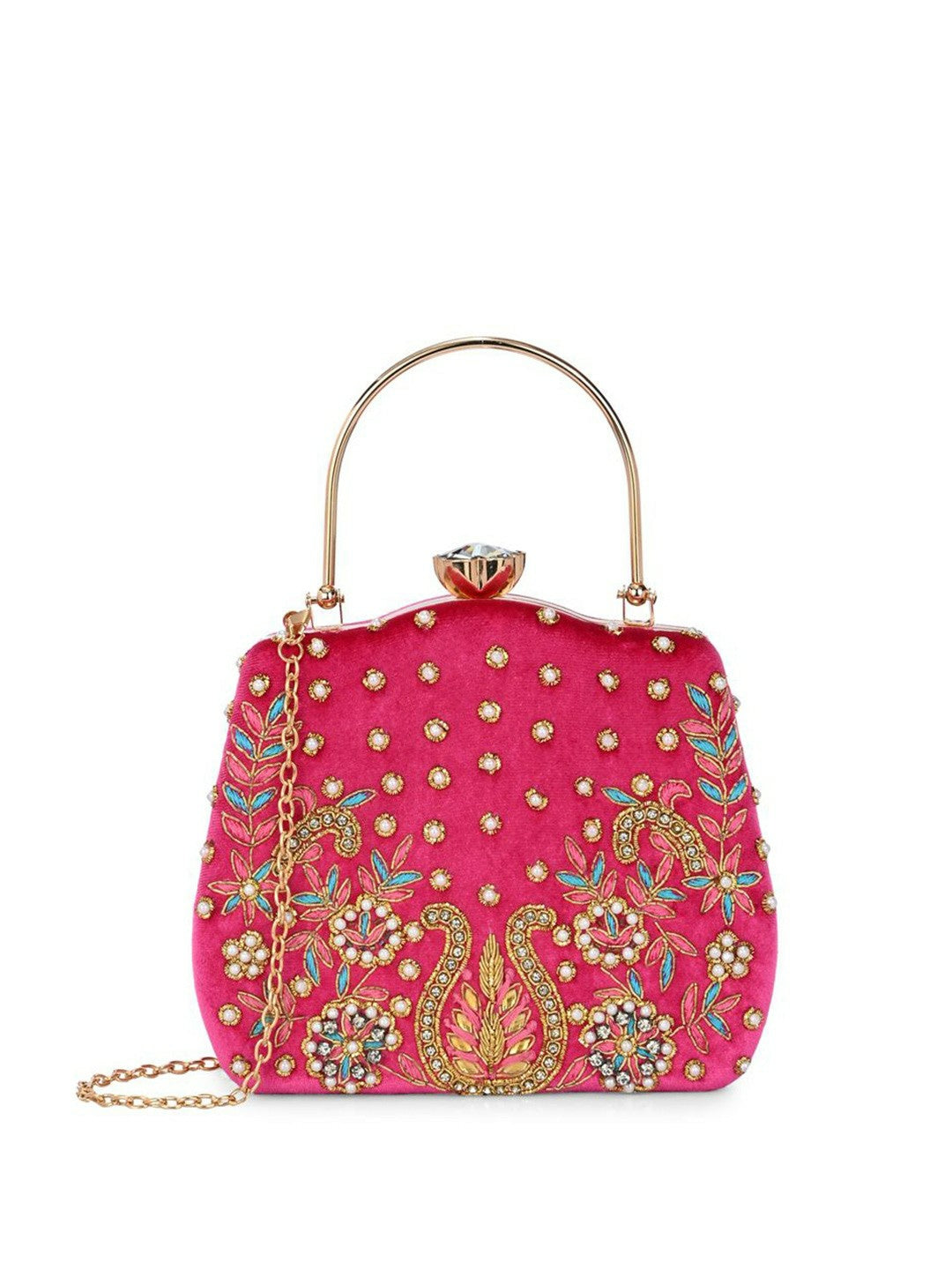 Magenta Embellished Box Clutch with Shoulder Strap