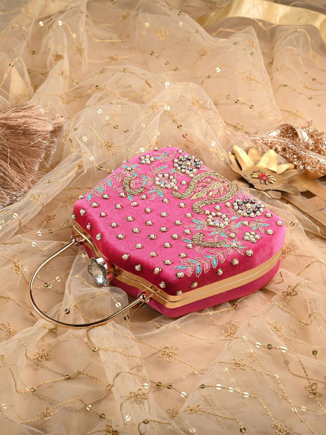 Magenta Embellished Box Clutch with Shoulder Strap