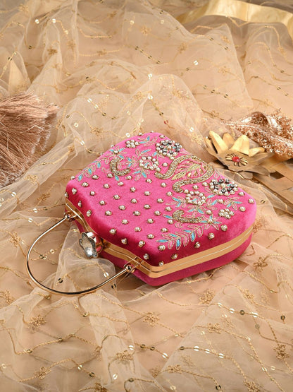 Magenta Embellished Box Clutch with Shoulder Strap