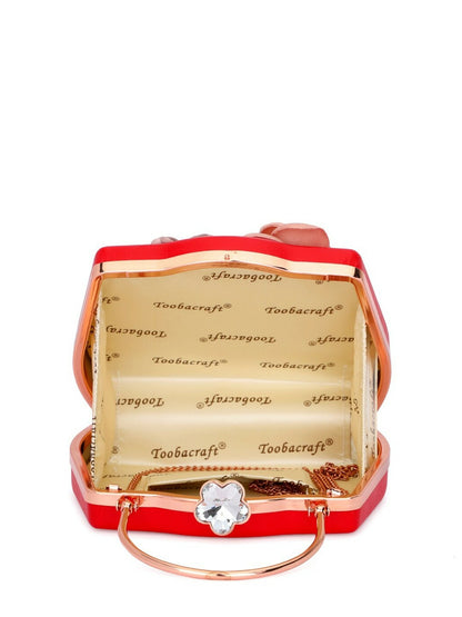Red & Pink Embellished Box Clutch with Shoulder Strap