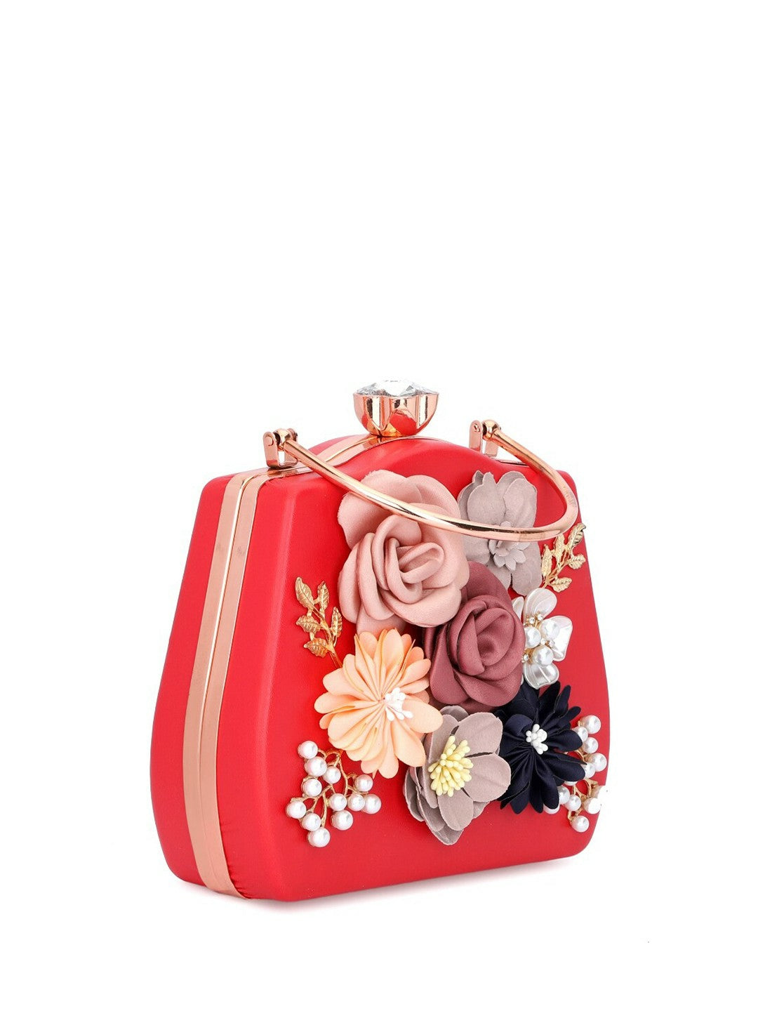 Red & Pink Embellished Box Clutch with Shoulder Strap