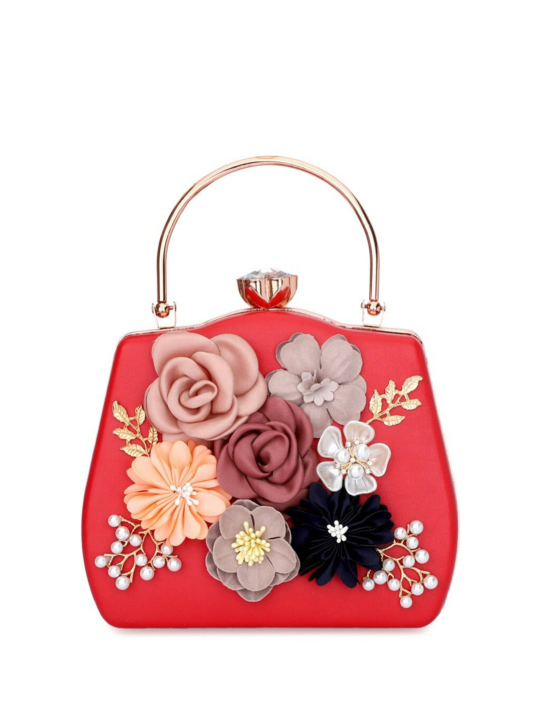 Red & Pink Embellished Box Clutch with Shoulder Strap