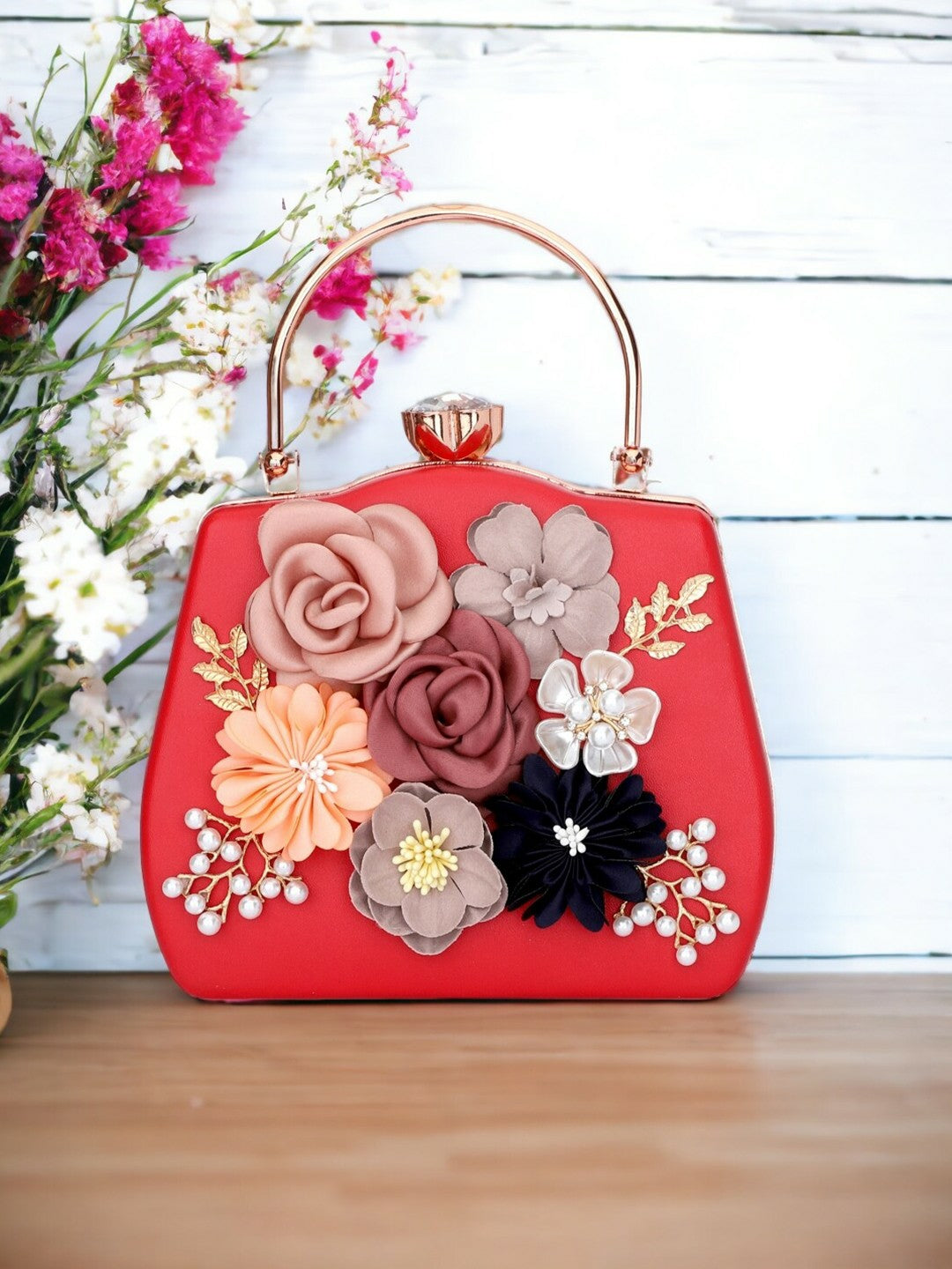 Red & Pink Embellished Box Clutch with Shoulder Strap